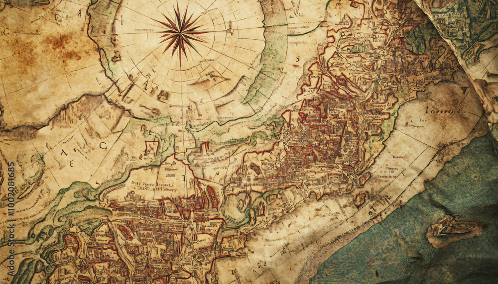 Fototapeta premium Antique maps of old cities or unexplored territories, with faded colors and intricate details, giving a historic and adventurous vibe.