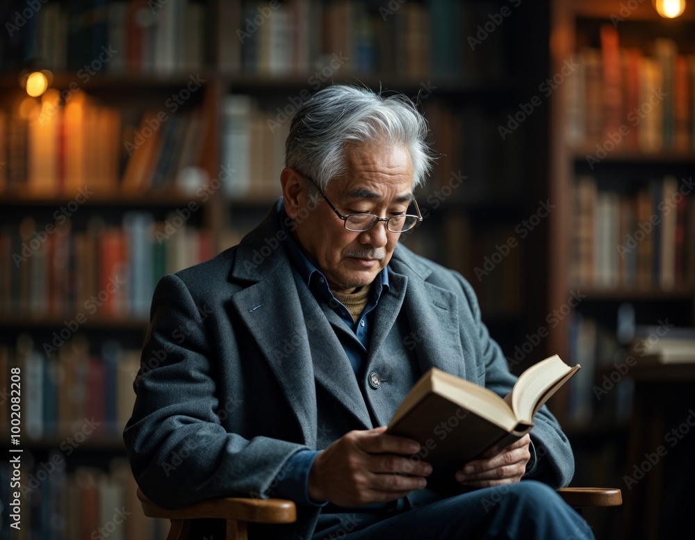 asian senior person reading book in library asian senior person reading book in library