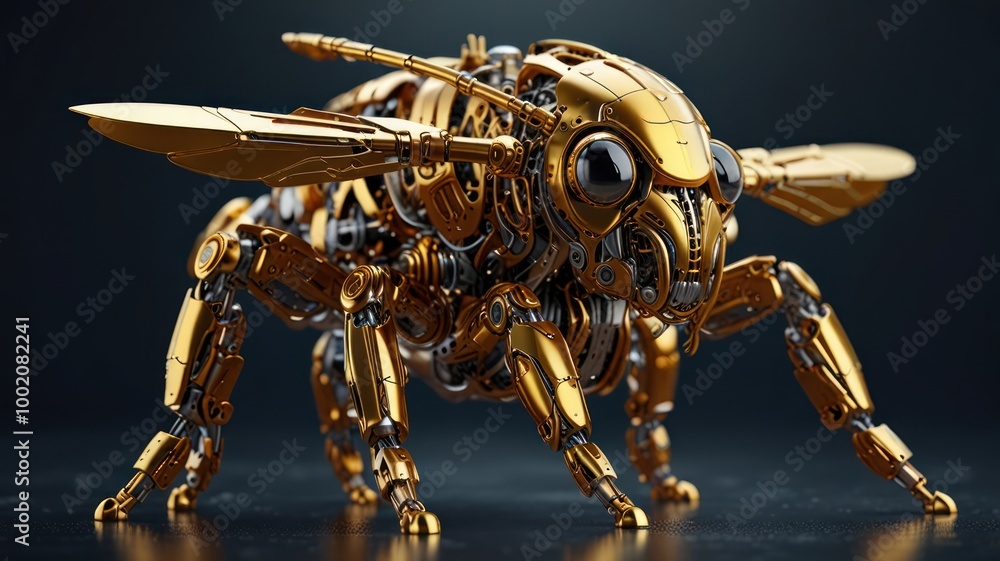 Fototapeta premium A golden robotic bee with intricate gears and a futuristic design stands on a black surface against a dark blue background.