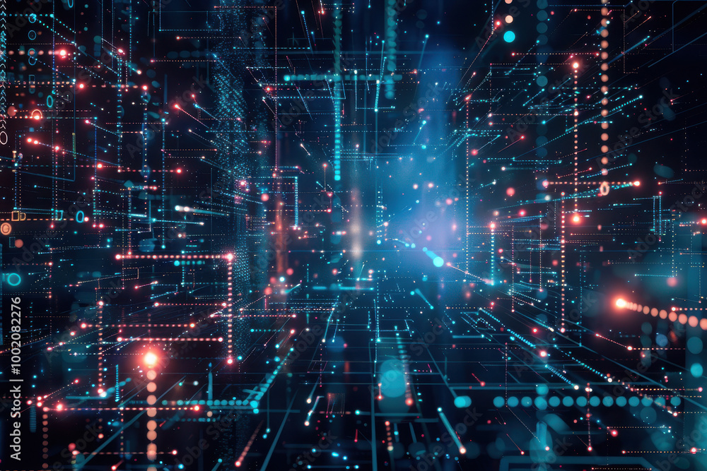 Naklejka premium close up horizontal illustration of glowing virtual cybernetic abstract background