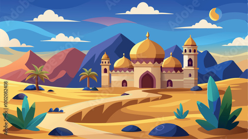 Vector illustration of an ancient orthodox church in the mountains, a religious landmark with a stone dome against the summer sky, ideal for travel and architectural themes