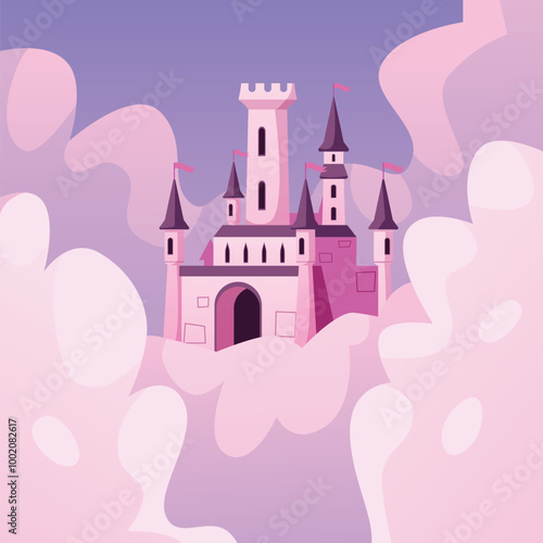 Magic castle with towers, flags among pink clouds and sky.