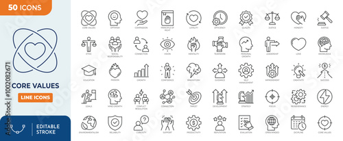 Core Values line editable icon set. Editable stroke. Vector illustration