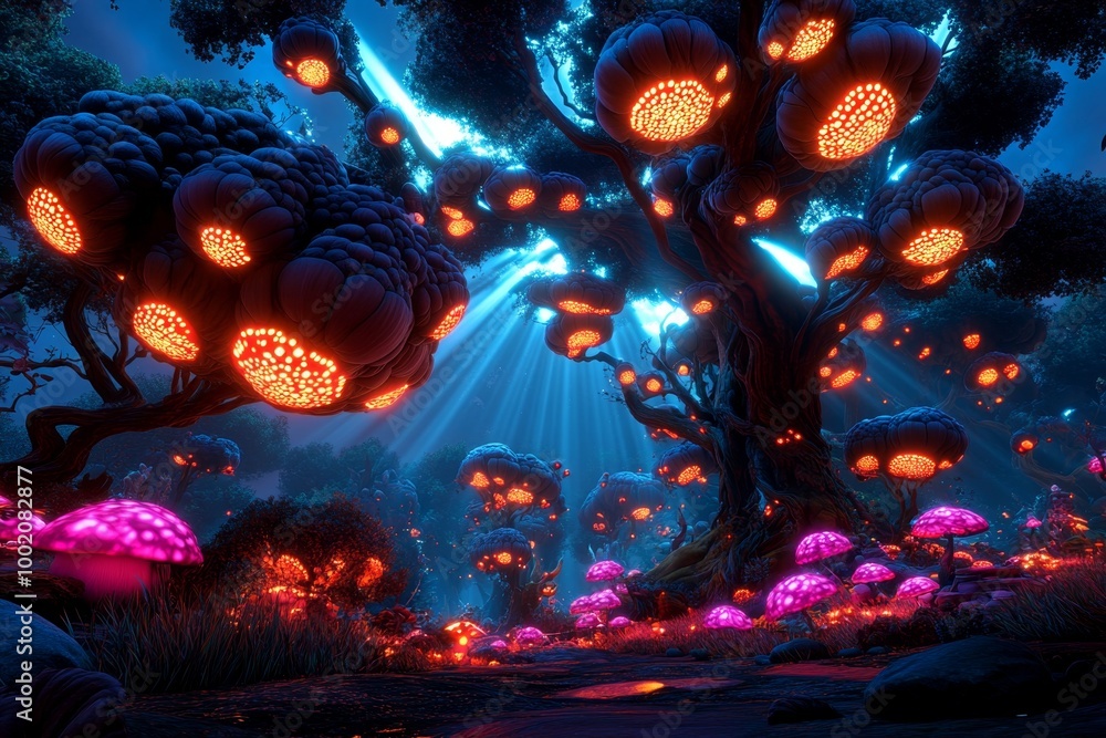 A glowing, enchanted forest with magical light, where beams of light shine through ancient trees and mystical creatures wander the lush landscape A glowing, enchanted forest with magical light, where beams of light shine through ancient trees and mystical creatures wander the lush landscape