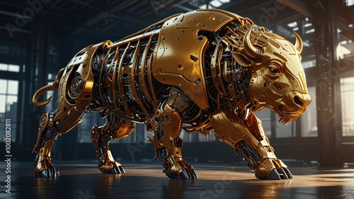 A golden robotic bull stands in a dark industrial setting. photo