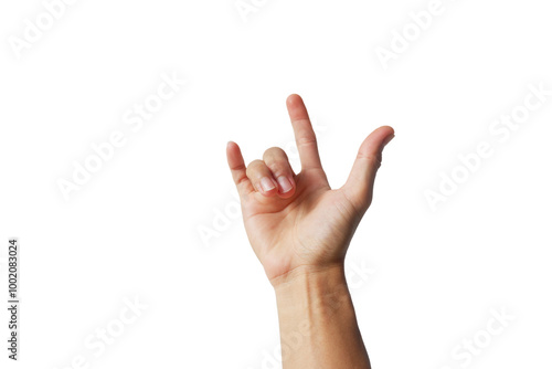 Asian man's hand showing up gesture on white background