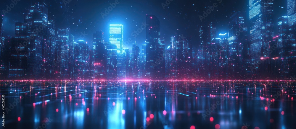 Futuristic cityscape with neon lights and glowing lines reflecting on a wet surface. Futuristic cityscape with neon lights and glowing lines reflecting on a wet surface.