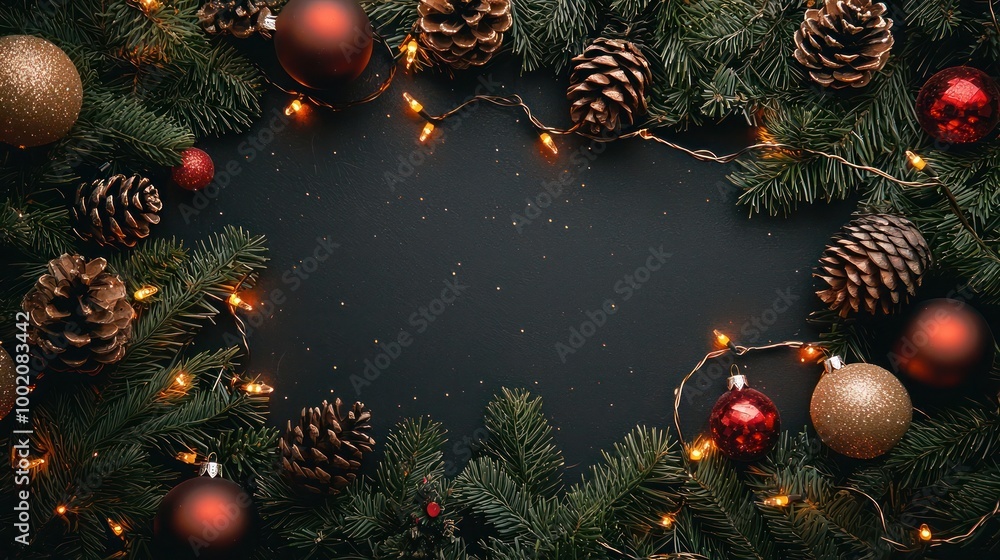 Holiday flat lay with Christmas decorations such as baubles, pinecones, and lights Holiday flat lay with Christmas decorations such as baubles, pinecones, and lights