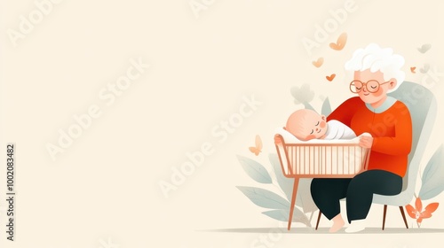 Grandmother Holding a Sleeping Baby in a Cradle