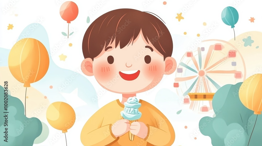 Happy Child Enjoying Ice Cream at Fun Fair Happy Child Enjoying Ice Cream at Fun Fair
