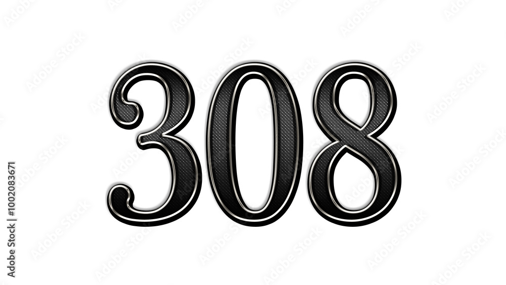 black metal 3d design of number 308 on white background. black metal 3d design of number 308 on white background.