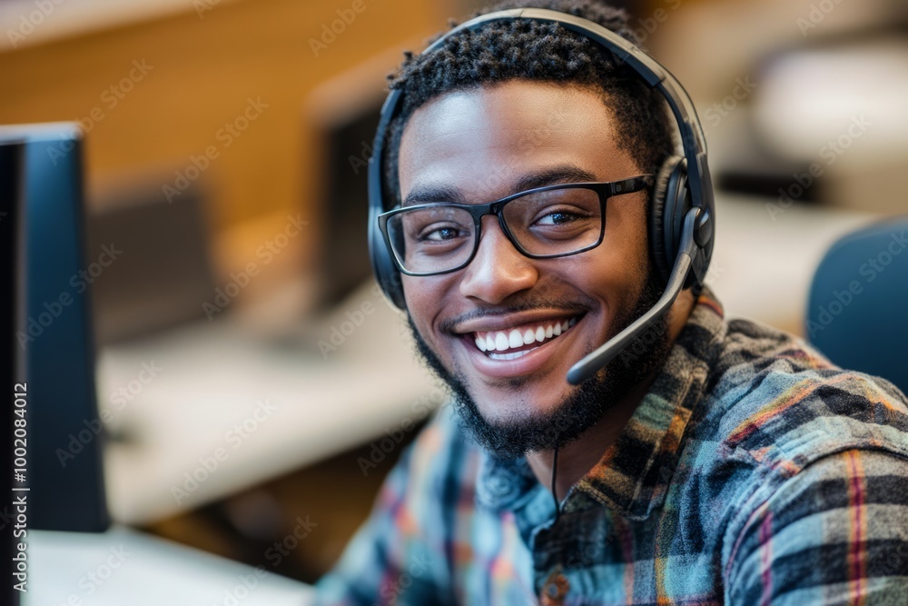 Smiling man wearing headphones while working in a modern office. Smiling man wearing headphones while working in a modern office.