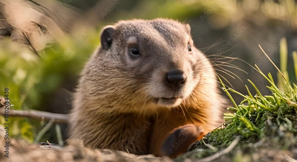A groundhog carefully peeking out of its burrow, checking for predators A groundhog carefully peeking out of its burrow, checking for predators