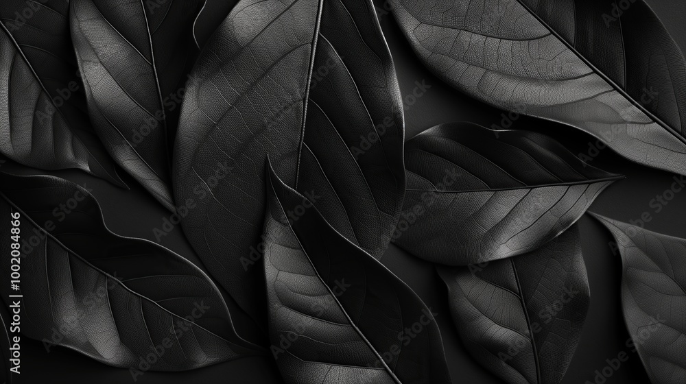 Obraz premium Dark tropical foliage with an abstract, exotic vibe, set against a black background for a striking effect. Ideal for wallpaper or artistic decoration.