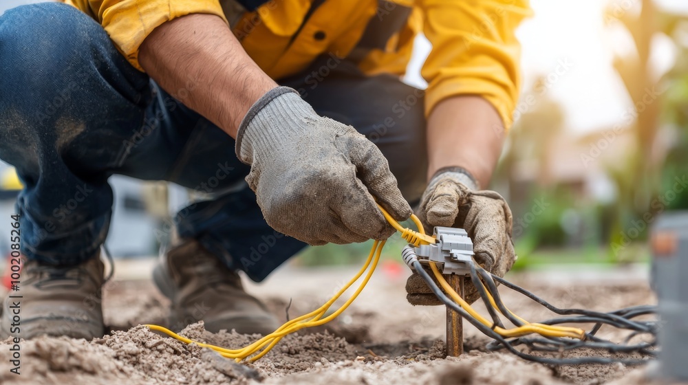 Skilled electrician securing ground wire to grounding rod in sunny outdoor location. Focus on wire and rod connection detail. Skilled electrician securing ground wire to grounding rod in sunny outdoor location. Focus on wire and rod connection detail.