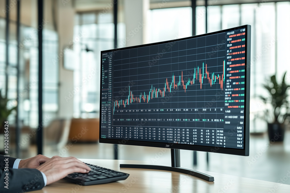 Stock market chart on a large monitor in a modern office, displaying financial data and trends for analysis and investment decisions Stock market chart on a large monitor in a modern office, displaying financial data and trends for analysis and investment decisions