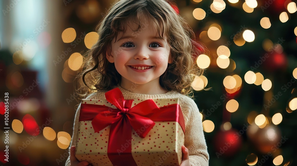 Joyful holiday moment with a child holding a present gift box adorned with a red ribbon perfect for celebrating festive occasions Joyful holiday moment with a child holding a present gift box adorned with a red ribbon perfect for celebrating festive occasions