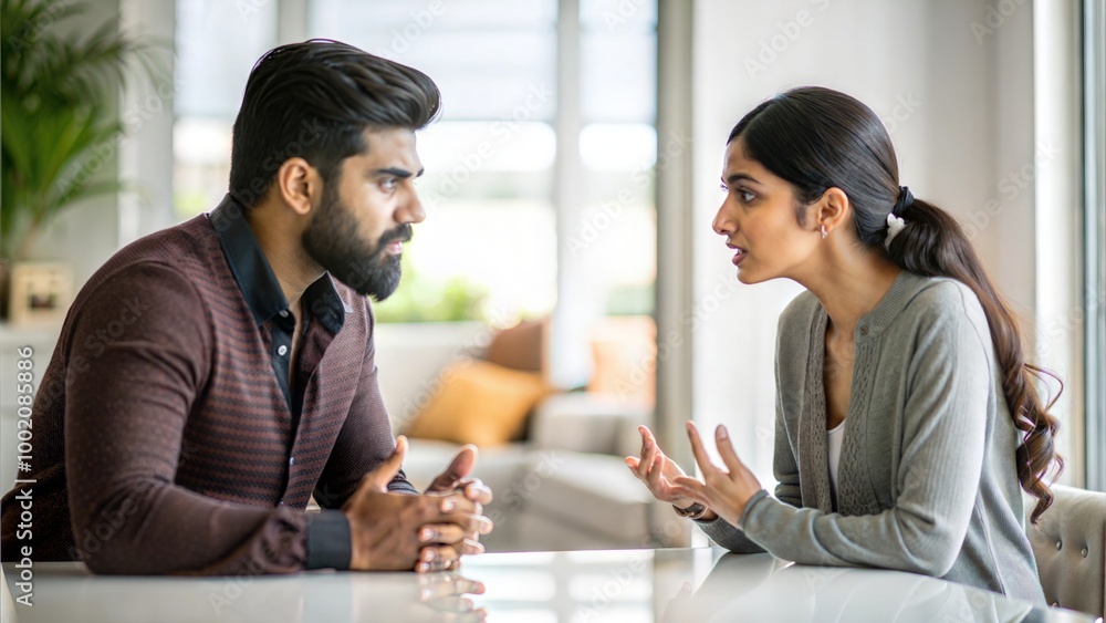Problems, quarrel and divorce. Indian couple having domestic scandal, upset turned away and ignoring each other Problems, quarrel and divorce. Indian couple having domestic scandal, upset turned away and ignoring each other