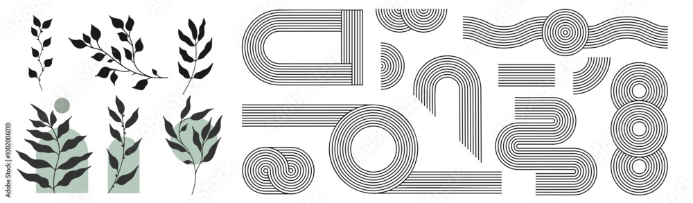 Zen arch set, simple line arch, botanical elements and geometric shapes. Geometric Japanese zen pattern minimal elements. Boho style strips.