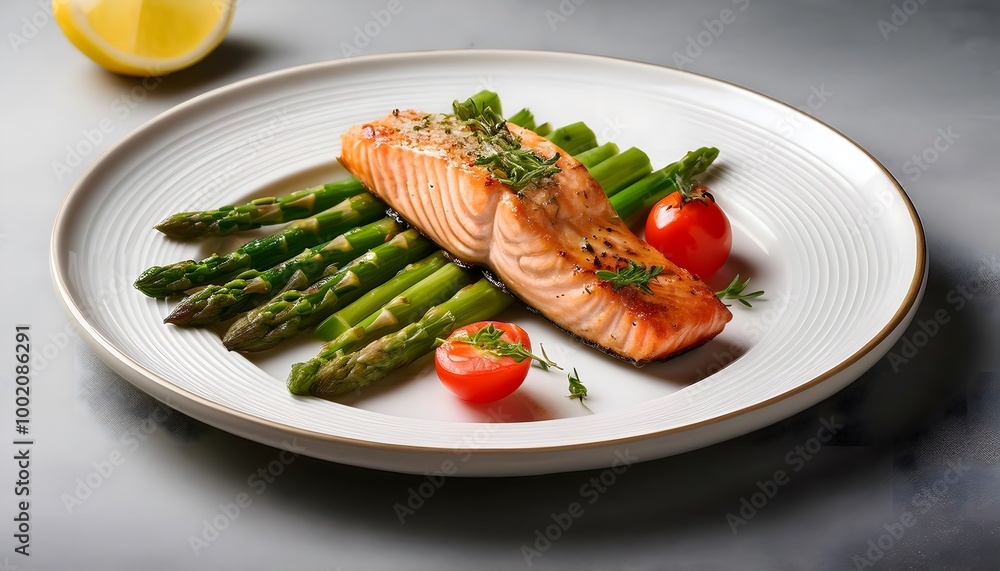 Grilled Salmon with Vegetables. A serving of grilled salmon with asparagus and cherry tomatoes Grilled Salmon with Vegetables. A serving of grilled salmon with asparagus and cherry tomatoes