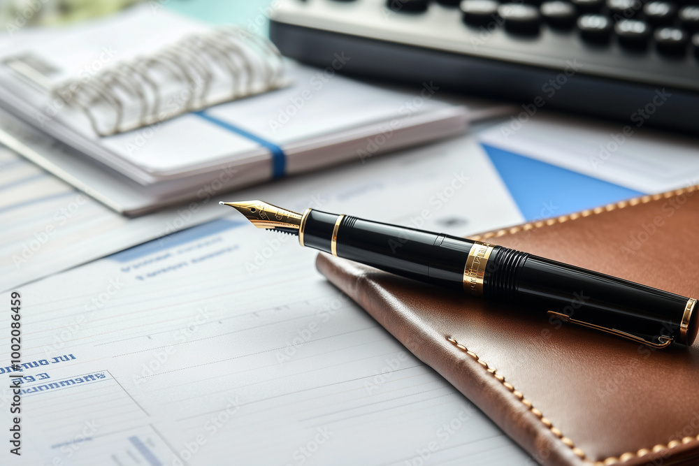 Elegant fountain pen resting on a leather notebook, surrounded by business documents and office supplies, representing professionalism and organization Elegant fountain pen resting on a leather notebook, surrounded by business documents and office supplies, representing professionalism and organization