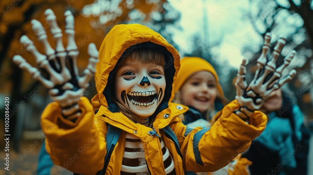 A fun scene of children playing with skeleton hand props during Halloween festivities, bringing laughter and joy A fun scene of children playing with skeleton hand props during Halloween festivities, bringing laughter and joy