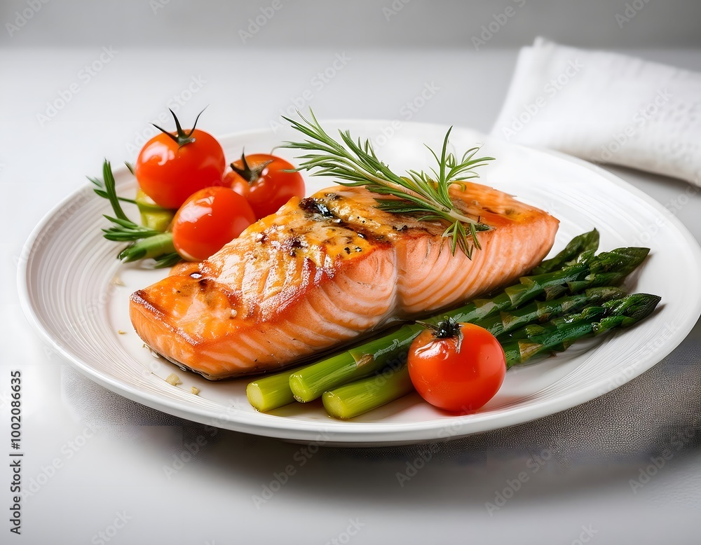 Grilled Salmon with Vegetables. A serving of grilled salmon with asparagus and cherry tomatoes Grilled Salmon with Vegetables. A serving of grilled salmon with asparagus and cherry tomatoes