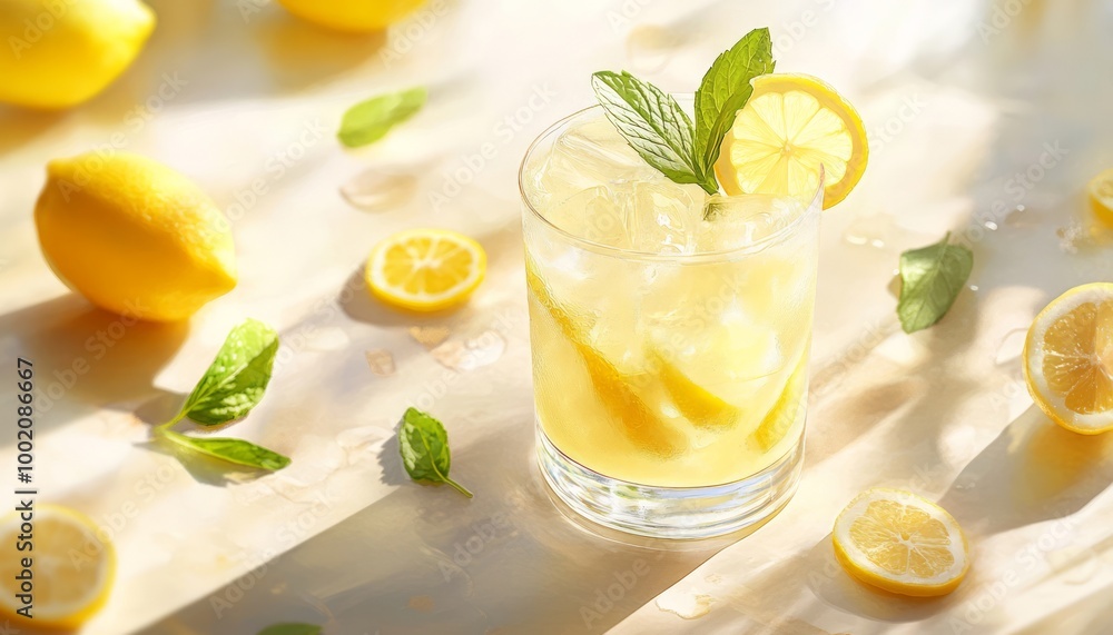 Refreshing lemon drink served with ice and mint, perfect for a hot day. Refreshing lemon drink served with ice and mint, perfect for a hot day.