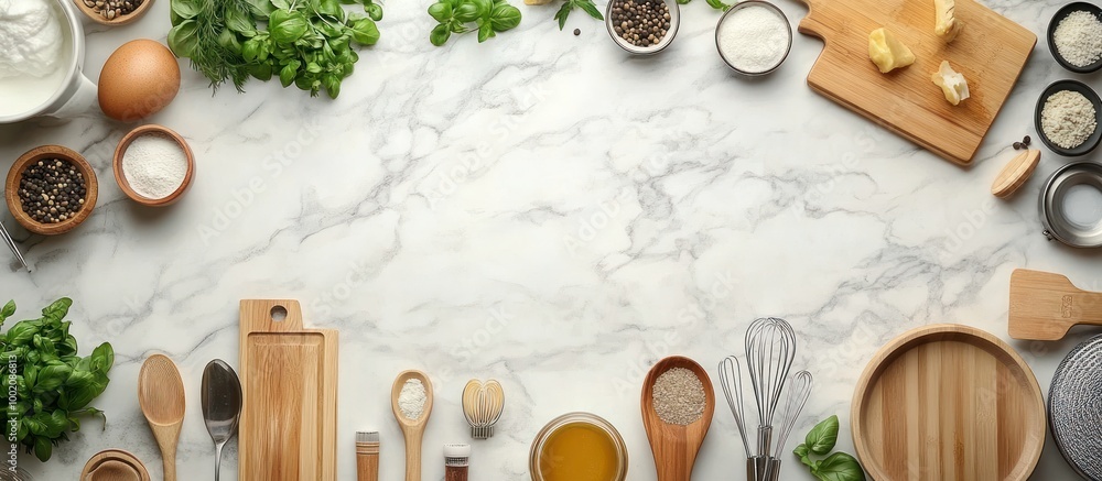 Flat lay of various kitchen utensils, ingredients, and herbs on a white marble countertop. Flat lay of various kitchen utensils, ingredients, and herbs on a white marble countertop.