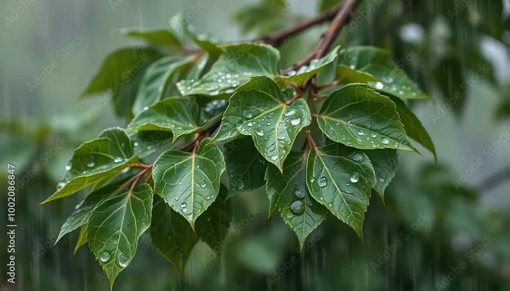 Green leaves with raindrops on a branch in nature on a blurred background Green leaves with raindrops on a branch in nature on a blurred background
