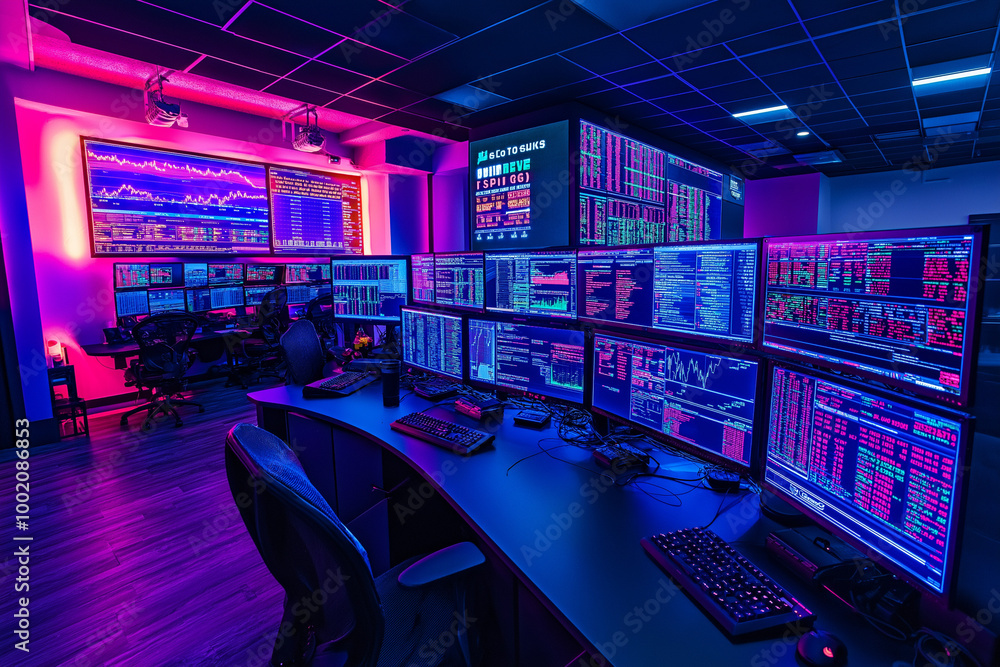 Fototapeta premium Trading Floor with Long Desks and Multiple Monitors: Maximizing Efficiency and Productivity