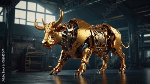 A golden robotic bull stands in a dark industrial setting.