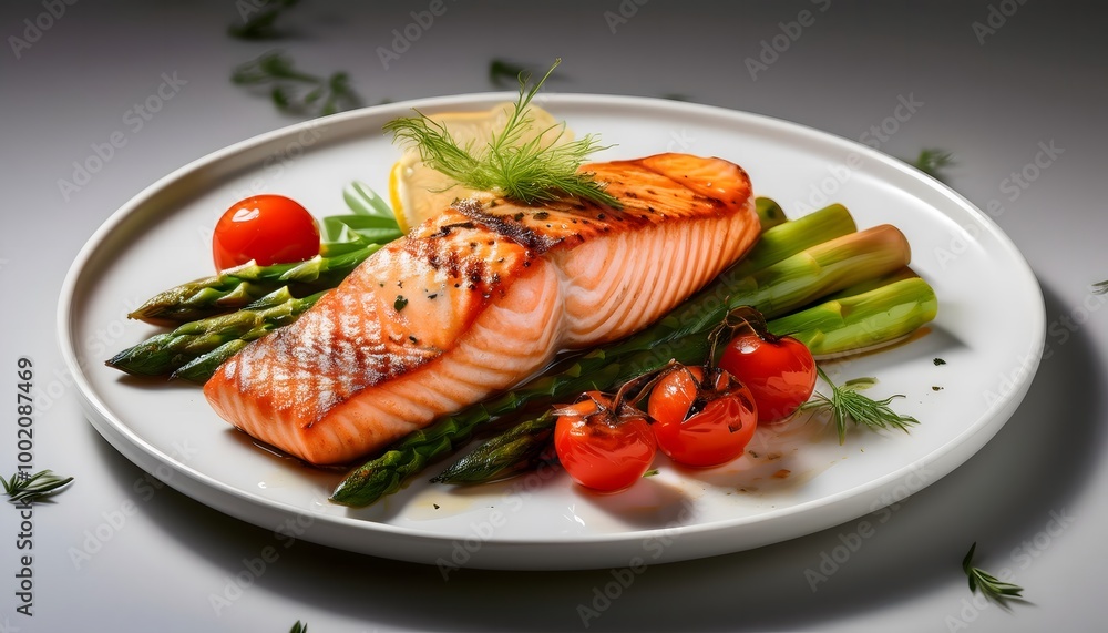 Grilled Salmon with Vegetables. A serving of grilled salmon with asparagus and cherry tomatoes Grilled Salmon with Vegetables. A serving of grilled salmon with asparagus and cherry tomatoes
