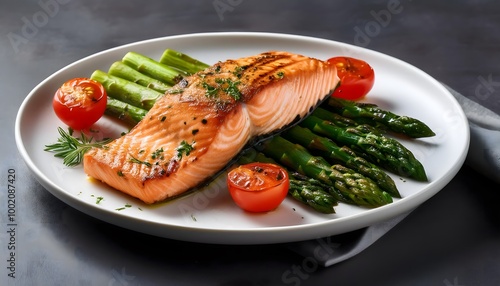 Grilled Salmon with Vegetables. A serving of grilled salmon with asparagus and cherry tomatoes