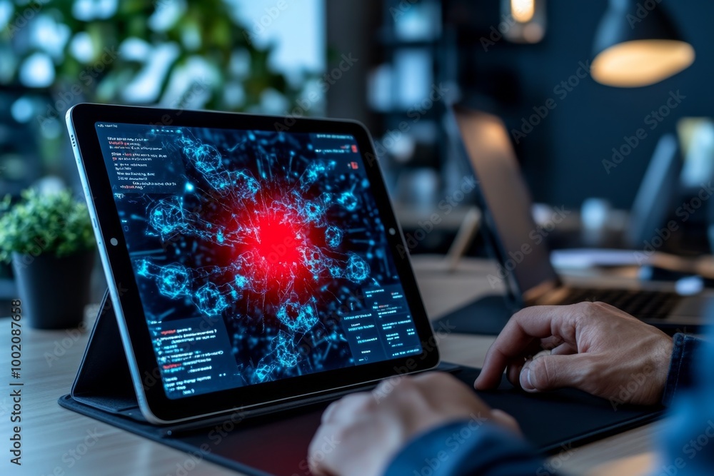 A tablet infected with malware, displaying an ominous red alert and glitching graphics, as the system struggles under the attack A tablet infected with malware, displaying an ominous red alert and glitching graphics, as the system struggles under the attack