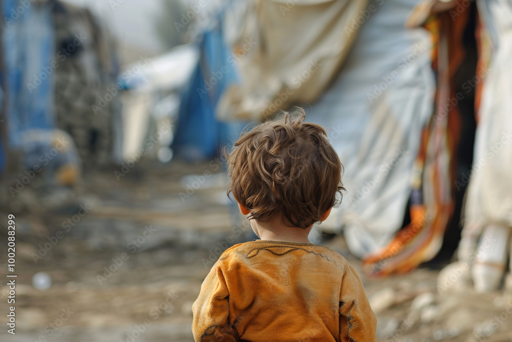 poverty and immigration concept, back view of little boy in refugee camp poverty and immigration concept, back view of little boy in refugee camp