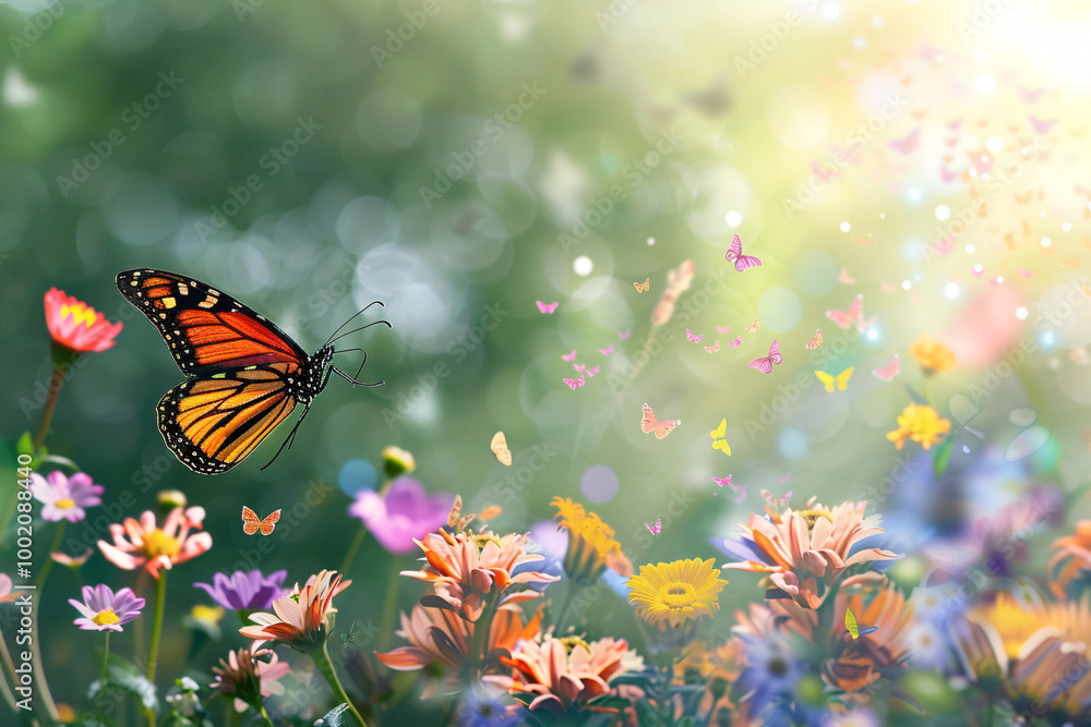 butterfly flying in summer meadow with flowers butterfly flying in summer meadow with flowers