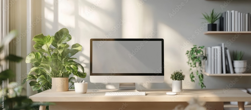 Minimalist home office desk with a computer, plants, and shelves with books in the background. Minimalist home office desk with a computer, plants, and shelves with books in the background.