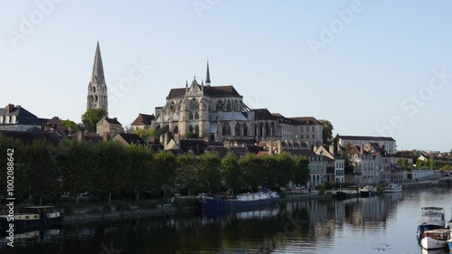 Scenic view of Auxerre with Saint-Étienne Cathedral and boats on the Yonne River