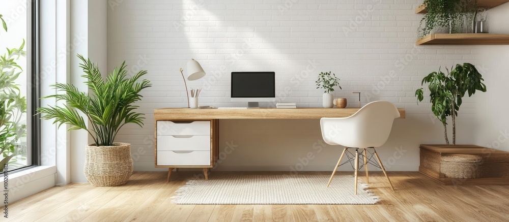 Minimalist home office with a white desk, a white chair, and a computer. There are plants on shelves and in pots. There is a rug on the floor. Minimalist home office with a white desk, a white chair, and a computer. There are plants on shelves and in pots. There is a rug on the floor.