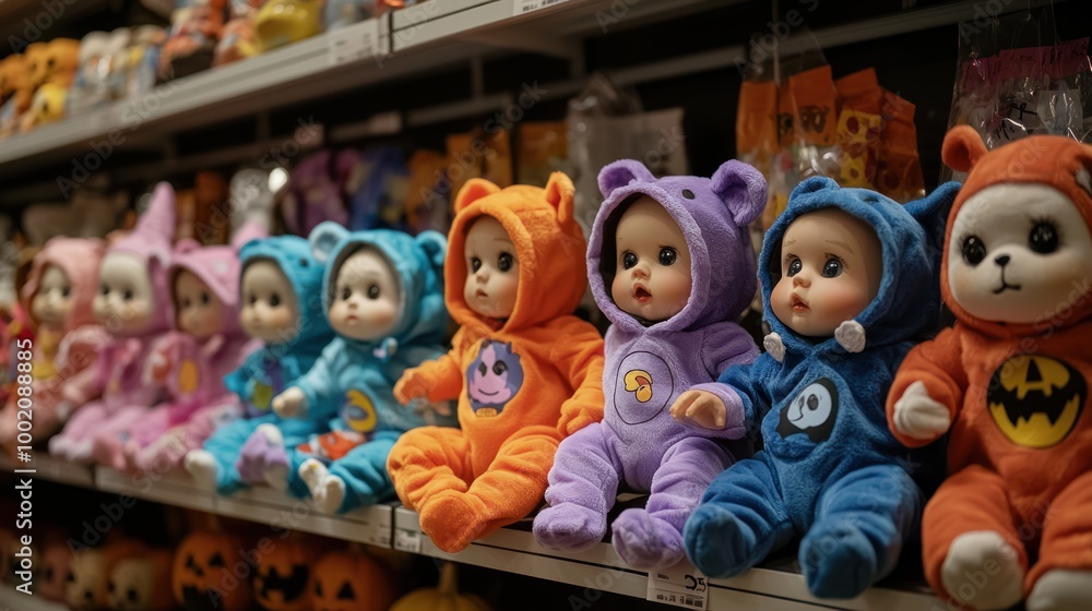 A delightful display of baby Halloween costumes in a store, showcasing adorable outfits perfect for infants celebrating their first Halloween A delightful display of baby Halloween costumes in a store, showcasing adorable outfits perfect for infants celebrating their first Halloween