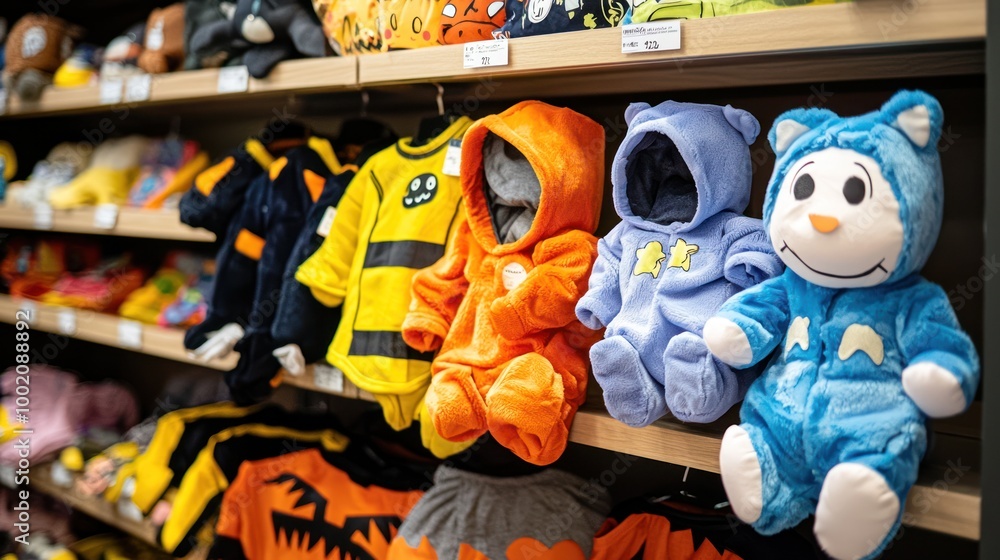Naklejka premium A delightful display of baby Halloween costumes in a store, showcasing adorable outfits perfect for infants celebrating their first Halloween