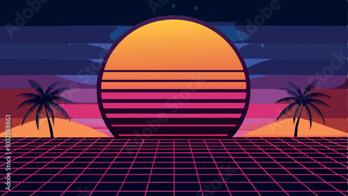 Tropical summer sunset over a tranquil ocean with a vibrant sky, a palm tree, and gentle waves on the sandy beach