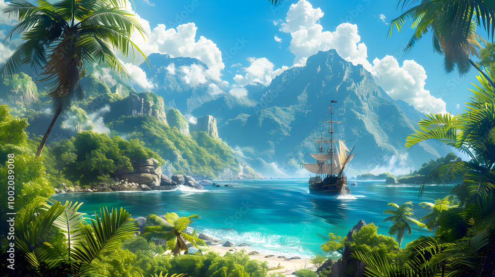 Fototapeta premium Pirate adventure on the high seas. Large pirate ship making its way to the bay of a tropical island.