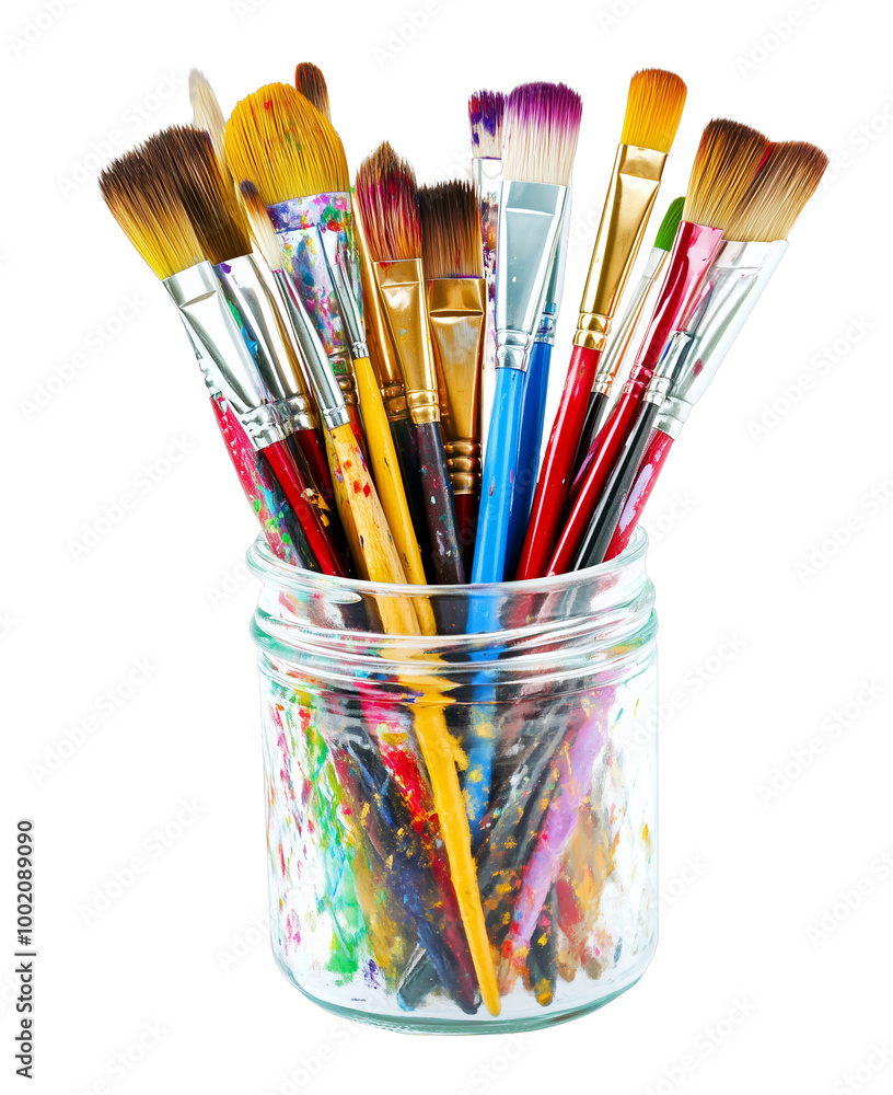 Fototapeta premium Set of colorful artist paint brushes in glass jar isolated on white transparent background 