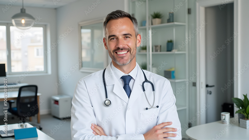 Confident male doctor smiling in modern medical office environment
Confident male doctor smiling in modern medical office environment