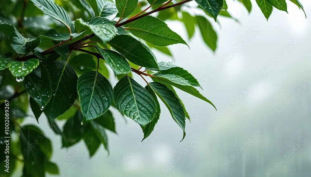 Raindrops on green leaves on a blurred background Raindrops on green leaves on a blurred background
