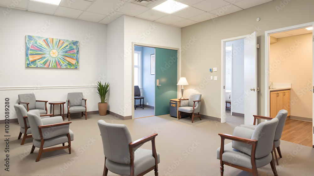 Fototapeta premium Welcoming medical office waiting area with comfortable seating and bright decor 