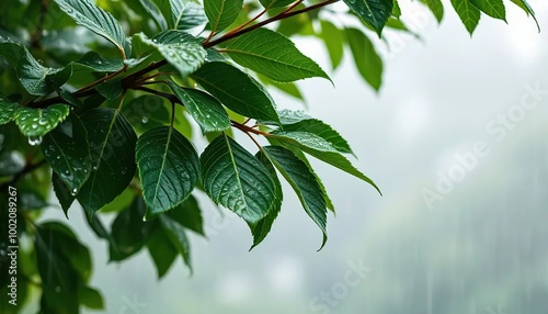 Raindrops on green leaves on a blurred background