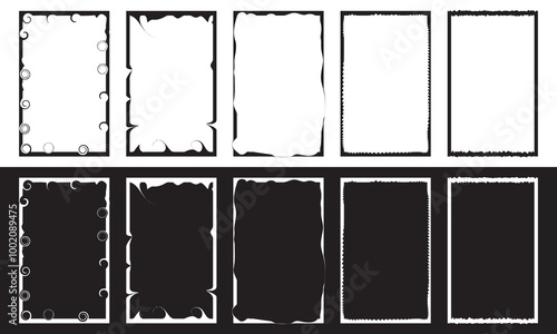 Grunge photo frame template collection. Rectangular old rough edge effect border for picture overlay.   Vector illustration isolated on white and black  background. EPS 10